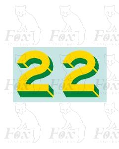 Yellow/green with shadow & highlight (17mm high) 1 pair number 2 